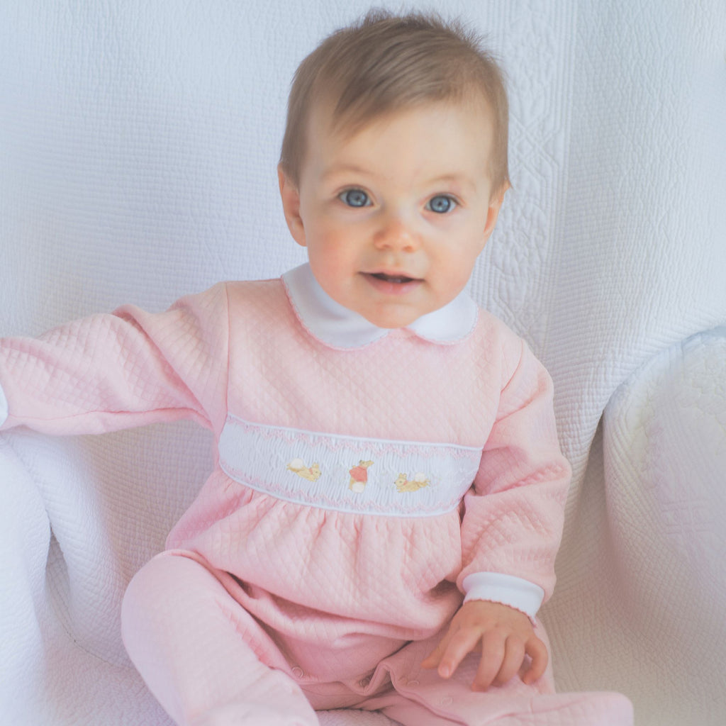 Girls Pink Hand Smocked Winter Baby Grow with Flopsy Bunny